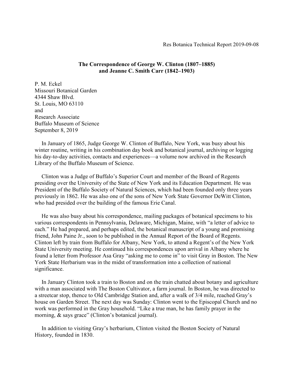 The Correspondence of George W. Clinton (1807–1885) and Jeanne C. Smith Carr (1842–1903) P. M. Eckel Missouri Botanical Ga