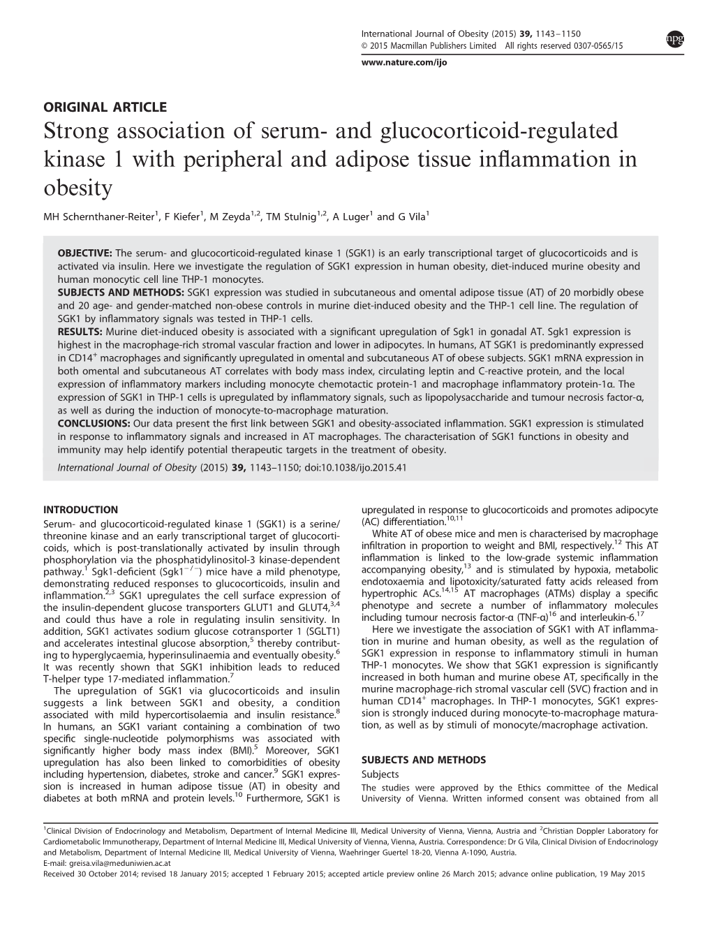 Strong Association of Serum- and Glucocorticoid-Regulated Kinase 1 with Peripheral and Adipose Tissue Inflammation in Obesity