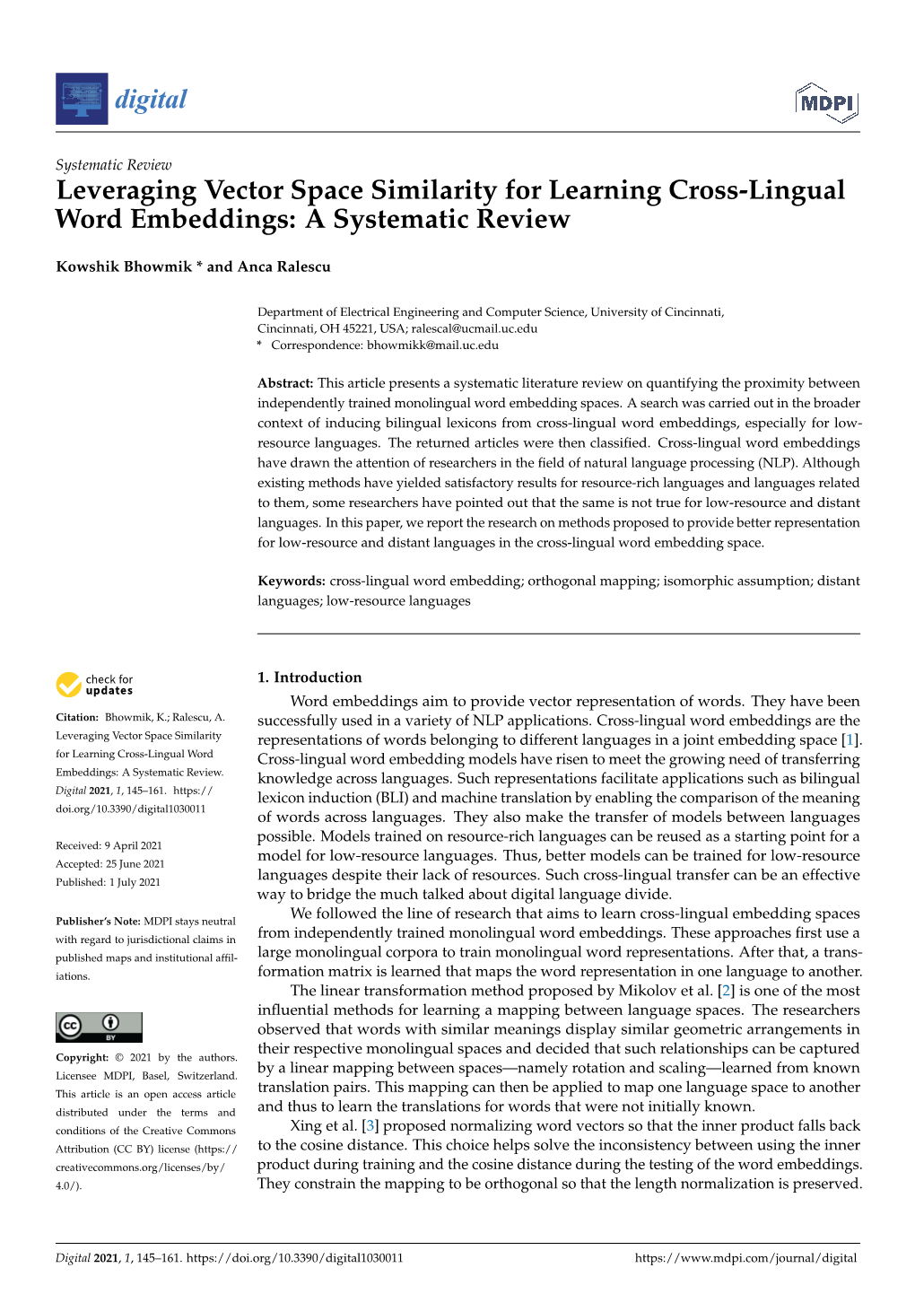 Leveraging Vector Space Similarity for Learning Cross-Lingual Word Embeddings: a Systematic Review