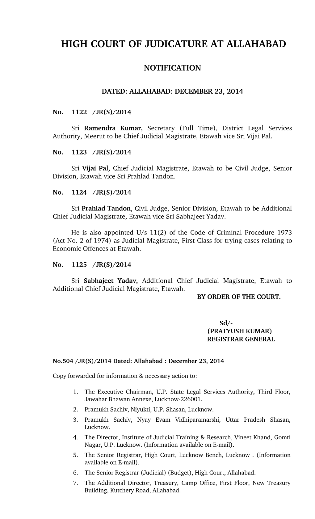 High Court of Judicature at Allahabad Notification