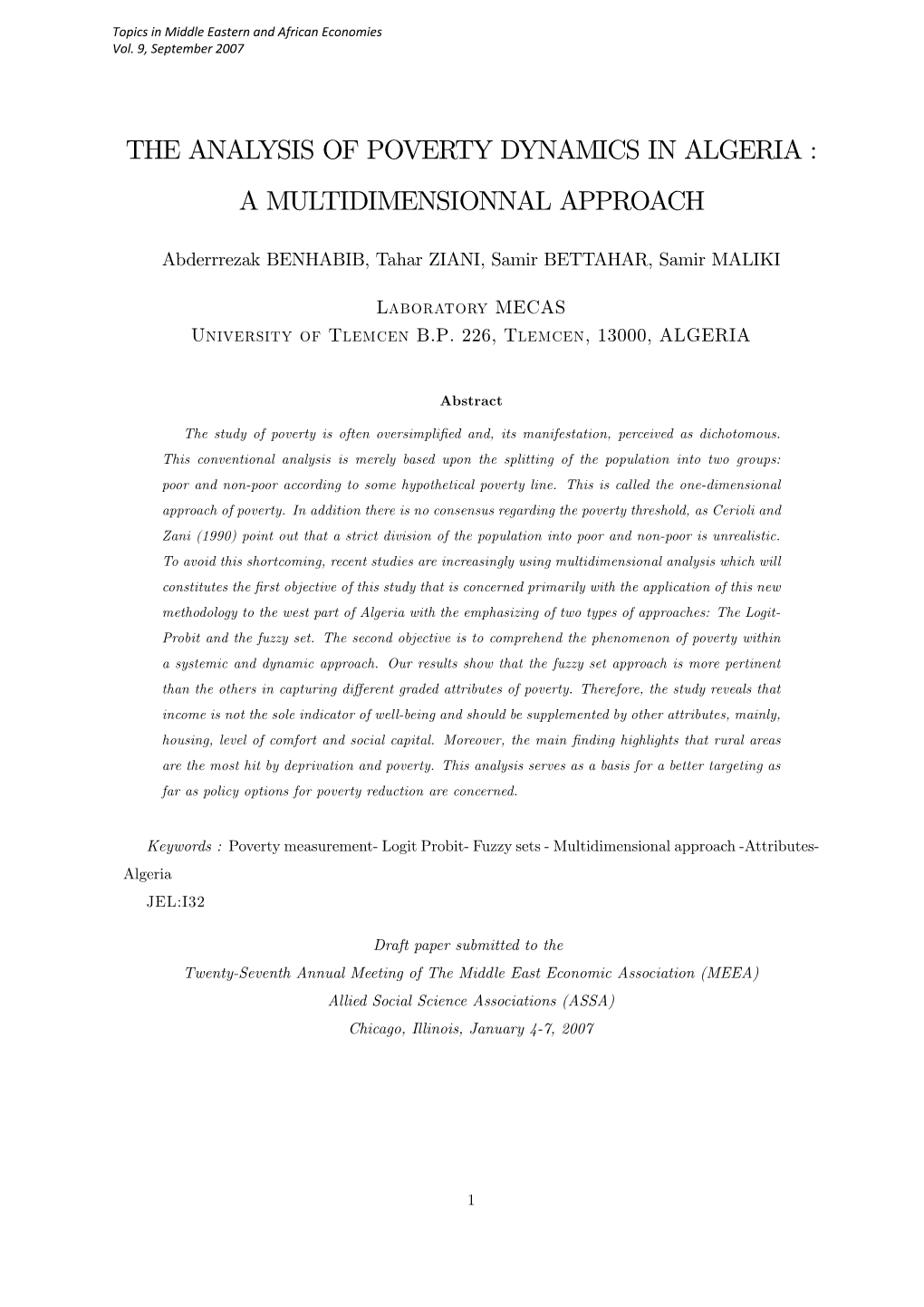 The Analysis of Poverty Dynamics in Algeria : a Multidimensionnal Approach