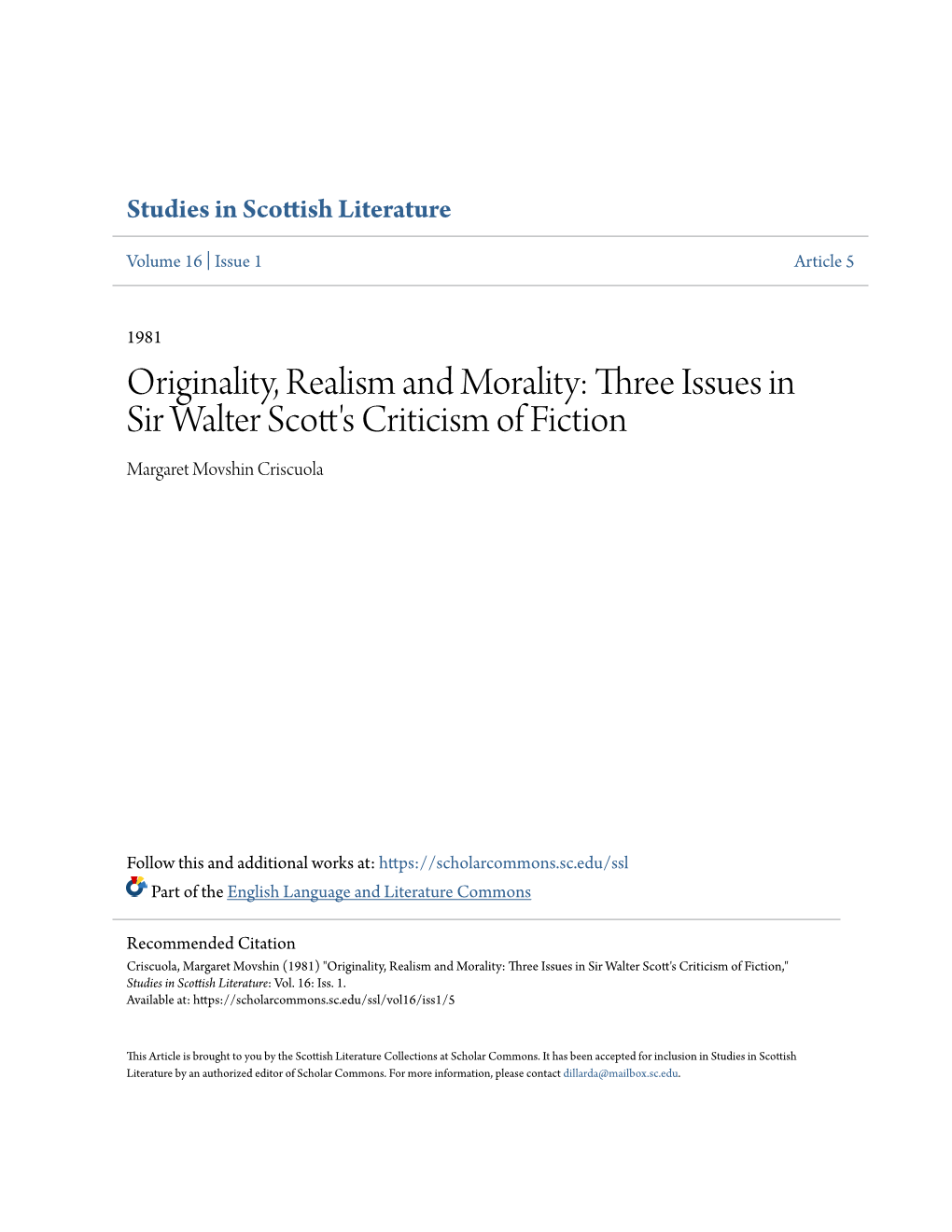 Three Issues in Sir Walter Scott's Criticism of Fiction Margaret Movshin Criscuola