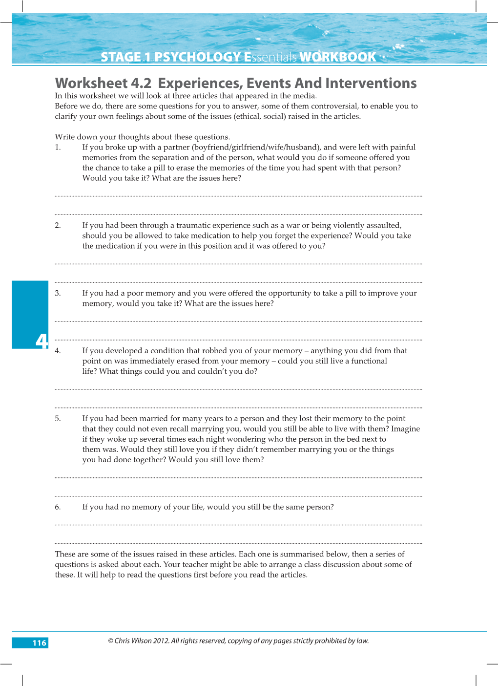 Worksheet 4.2 Experiences, Events and Interventions in This Worksheet We Will Look at Three Articles That Appeared in the Media