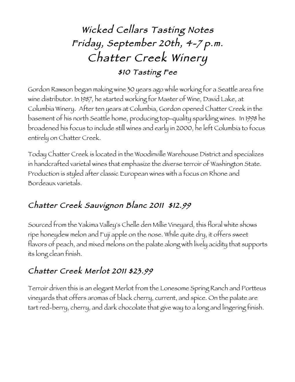 Chatter Creek Winery $10 Tasting Fee
