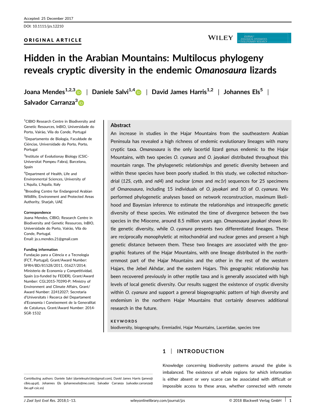 Multilocus Phylogeny Reveals Cryptic Diversity in the Endemic Omanosaura Lizards