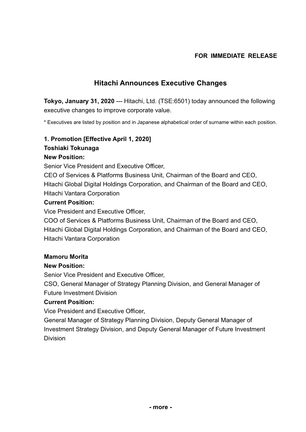 Hitachi Announces Executive Changes