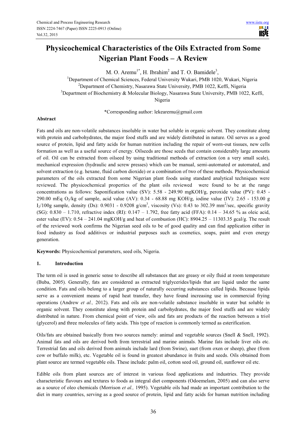 Physicochemical Characteristics of the Oils Extracted from Some Nigerian Plant Foods – a Review