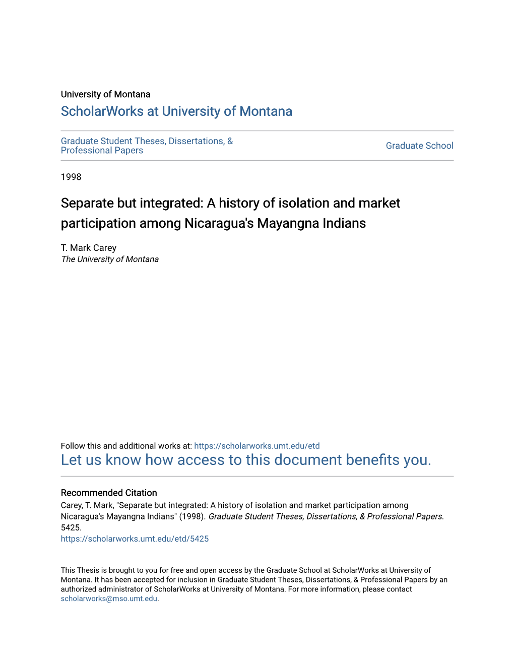 A History of Isolation and Market Participation Among Nicaragua's Mayangna Indians