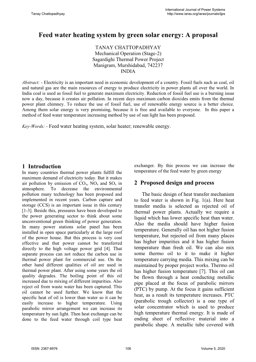 Feed Water Heating System by Green Solar Energy: a Proposal