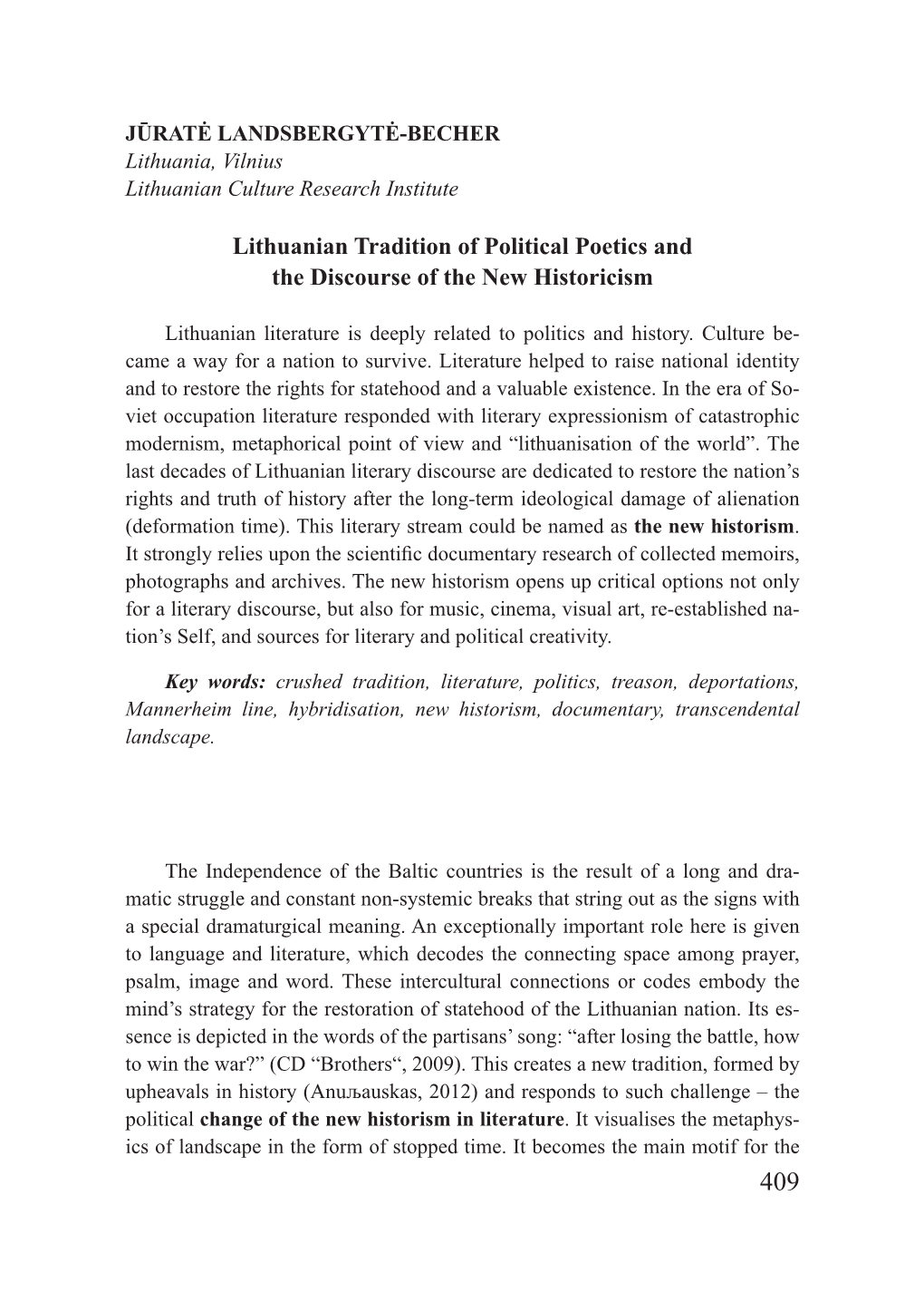 Lithuanian Tradition of Political Poetics and the Discourse of the New Historicism
