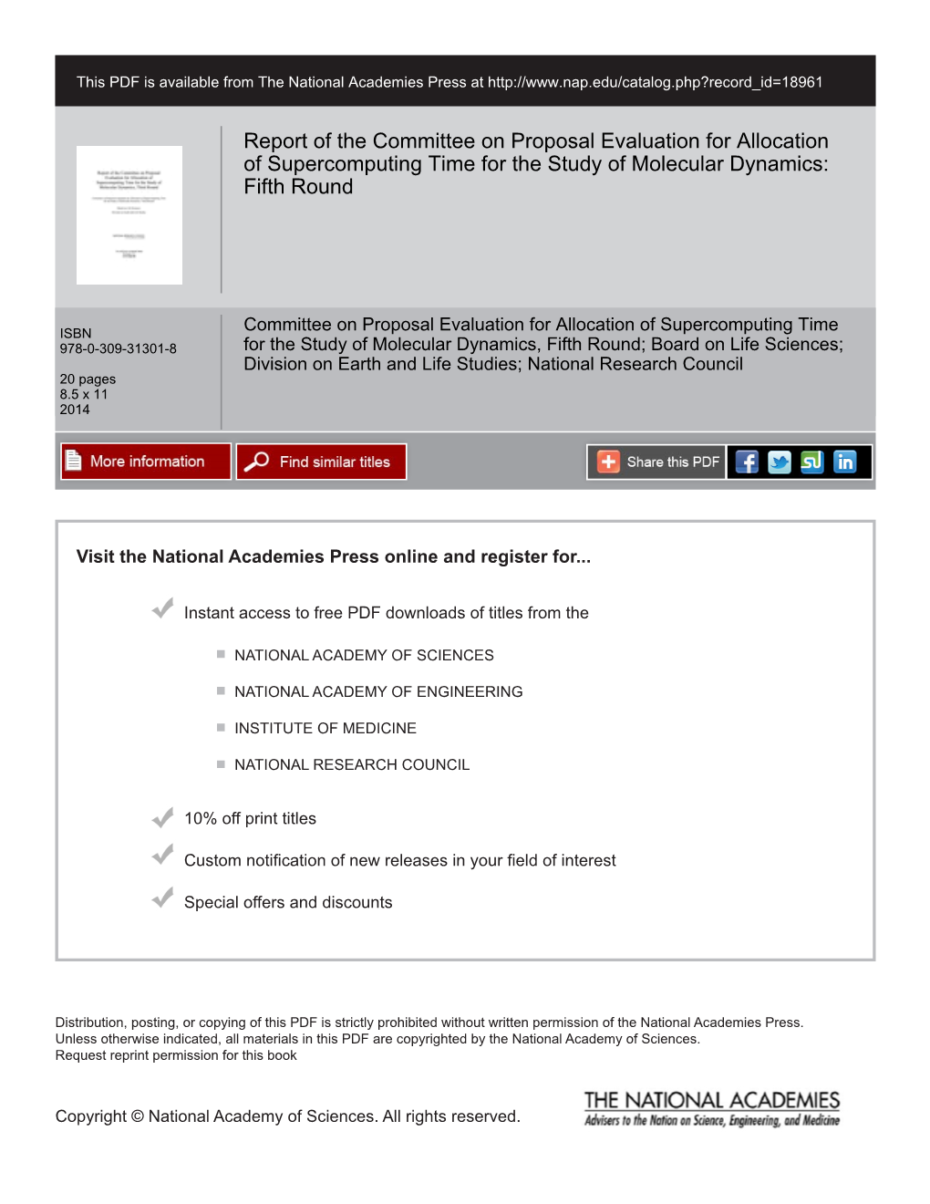 Report of the Committee on Proposal Evaluation for Allocation of Supercomputing Time for the Study of Molecular Dynamics: Fifth Round