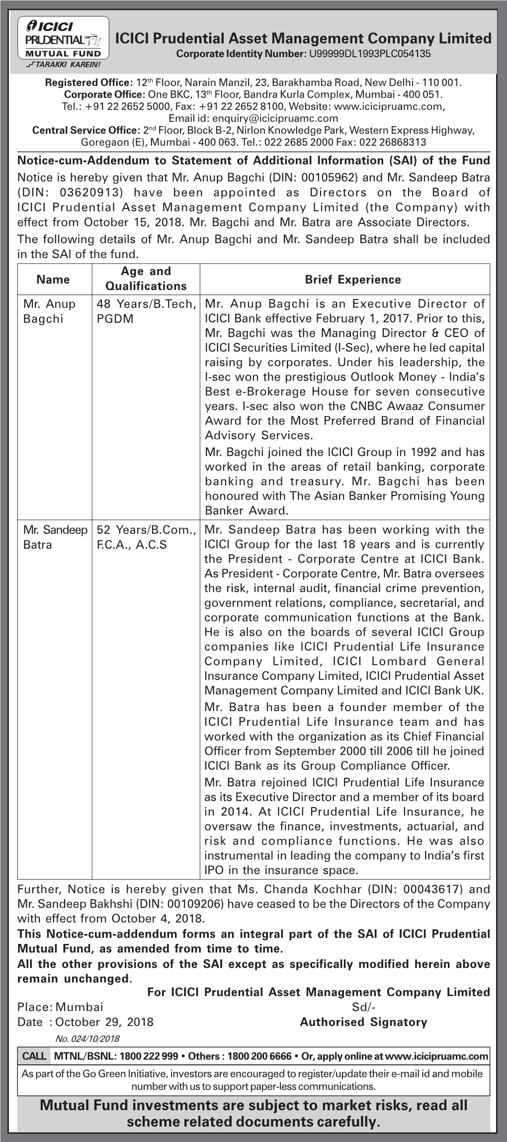 ICICI Addenda for Appointment of Director Mr Sandeep Batra and Mr