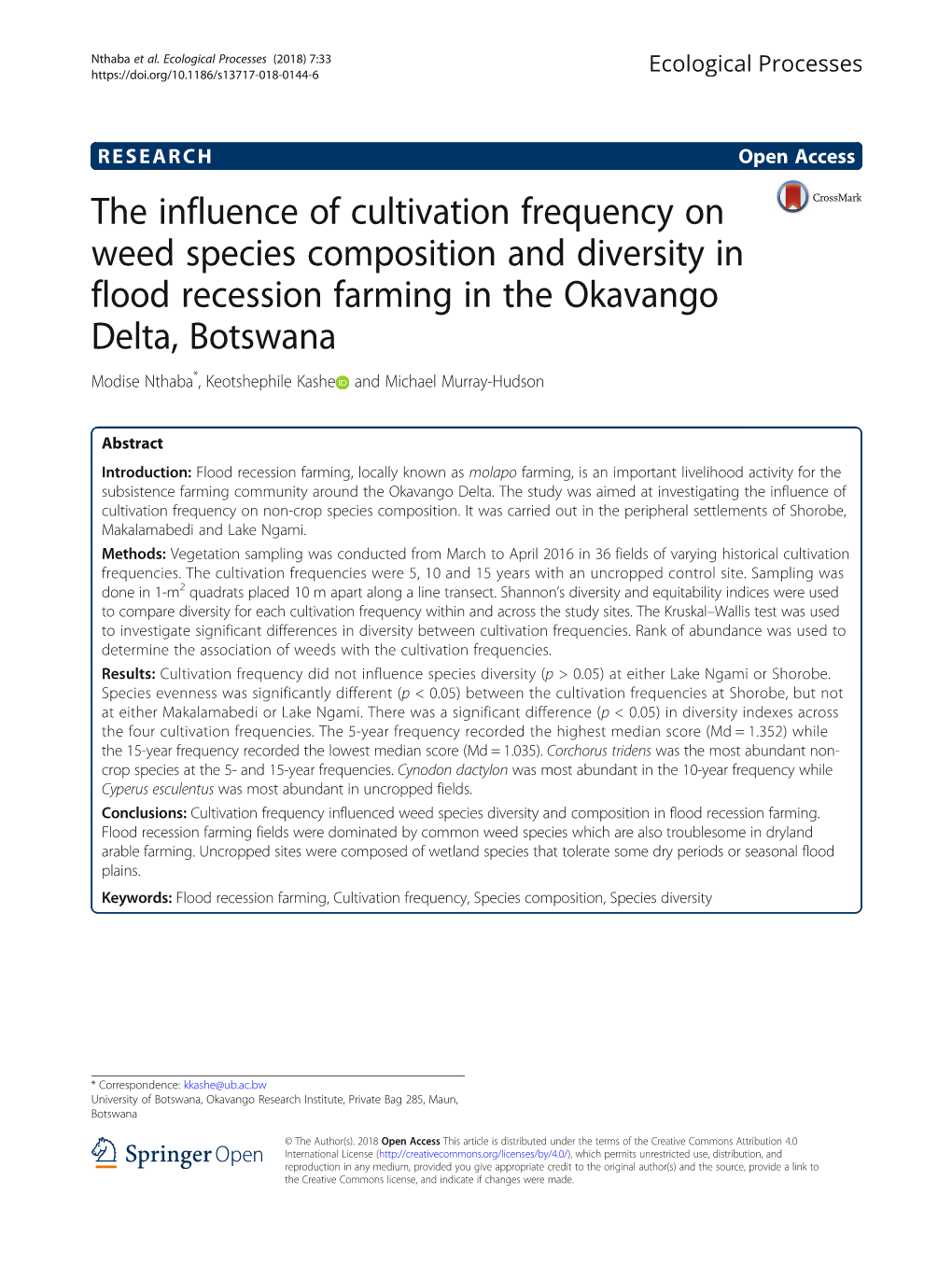 The Influence of Cultivation Frequency on Weed Species Composition and Diversity in Flood Recession Farming in the Okavango Delt