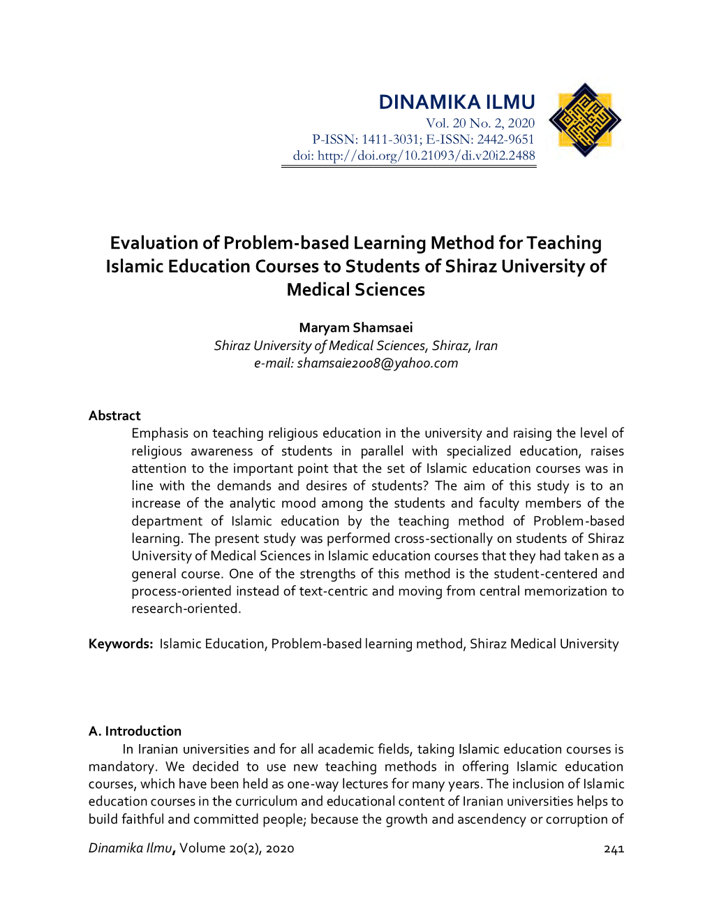 Evaluation of Problem-Based Learning Method for Teaching Islamic Education Courses DINAMIKA ILMU Vol