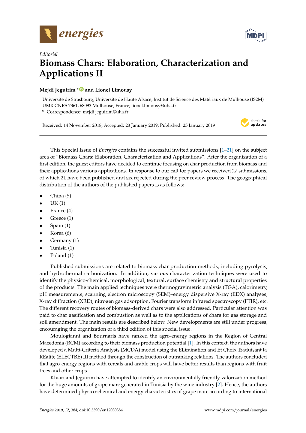 Biomass Chars: Elaboration, Characterization and Applications II