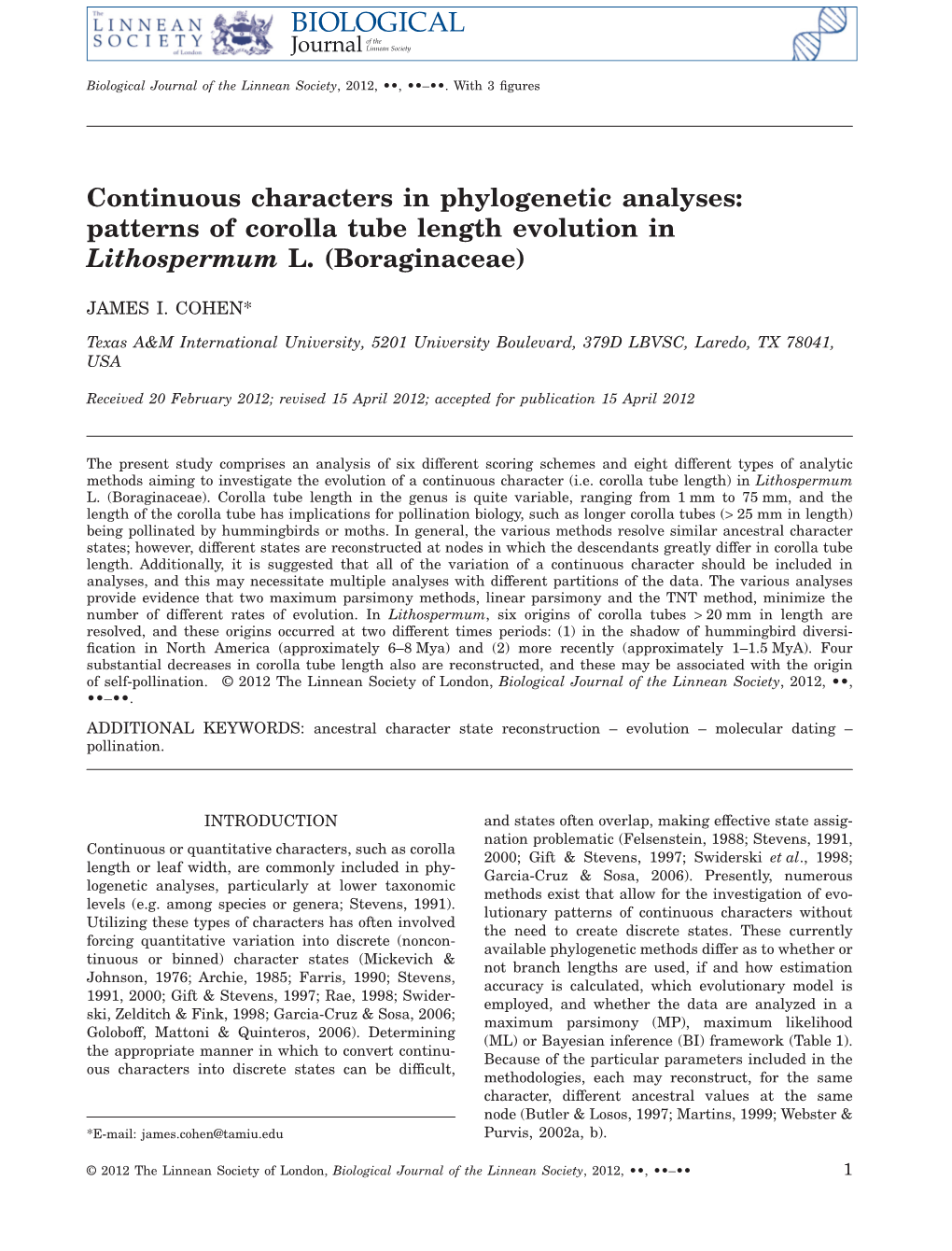 Continuous Characters in Phylogenetic Analyses: Patterns of Corolla Tube Length Evolution in Lithospermum L