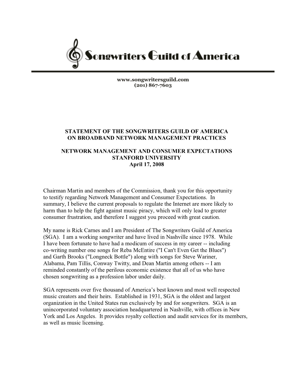 Statement of the Songwriters Guild of America on Broadband Network Management Practices Network Management and Consumer Expectat