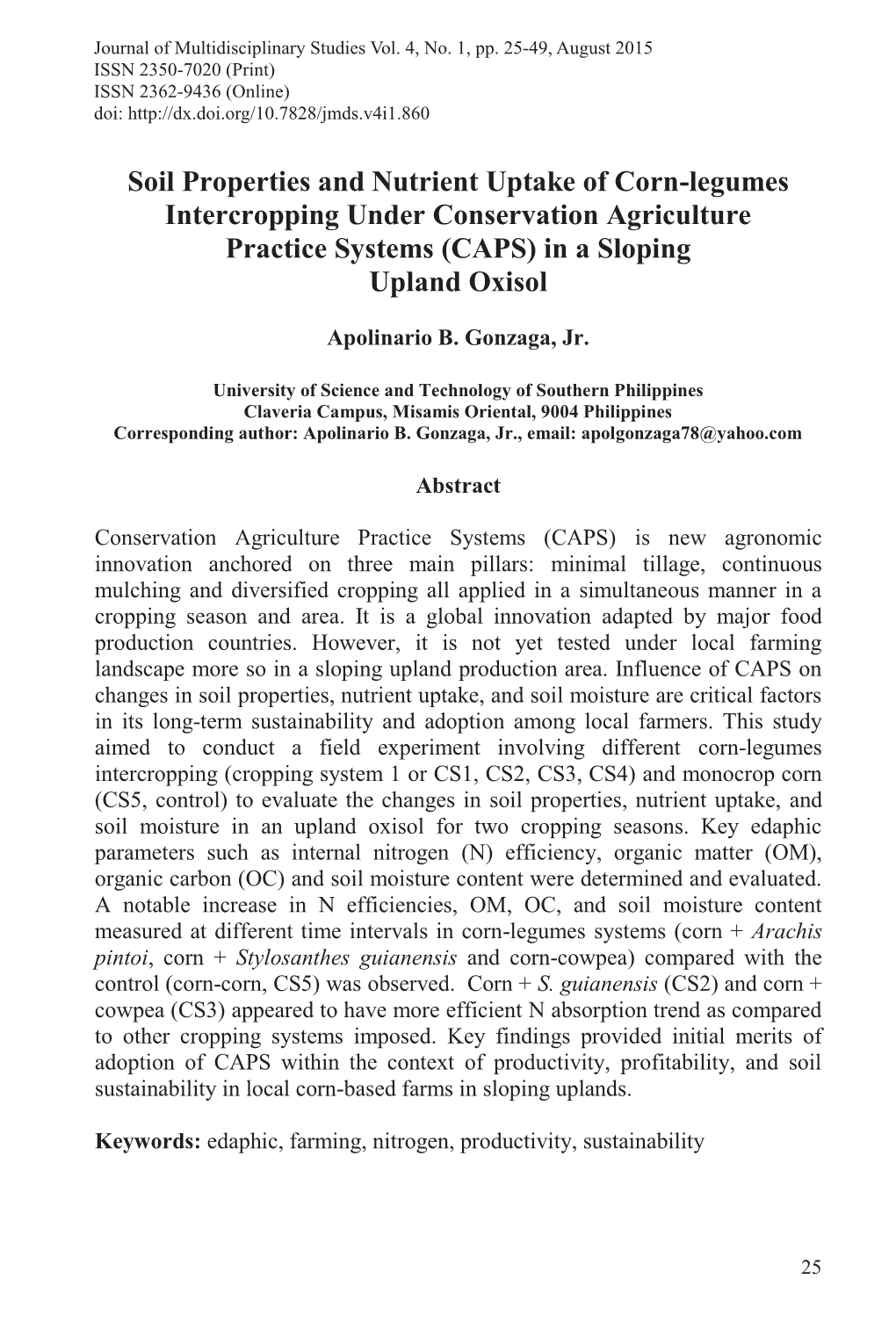 Soil Properties and Nutrient Uptake of Corn-Legumes Intercropping Under Conservation Agriculture Practice Systems (CAPS) in a Sloping Upland Oxisol