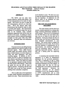 MEASURING and EVALUATING VIDEO SIGNALS in the HEADEND Blair Schodowski James 0