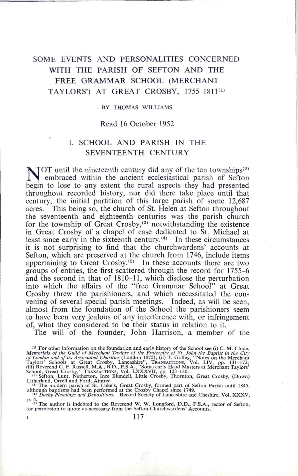 Some Events and Personalities Concerned with the Parish of Sefton and the Free Grammar School (Merchant Taylors') at Great Crosby, 1755-1811 (1)