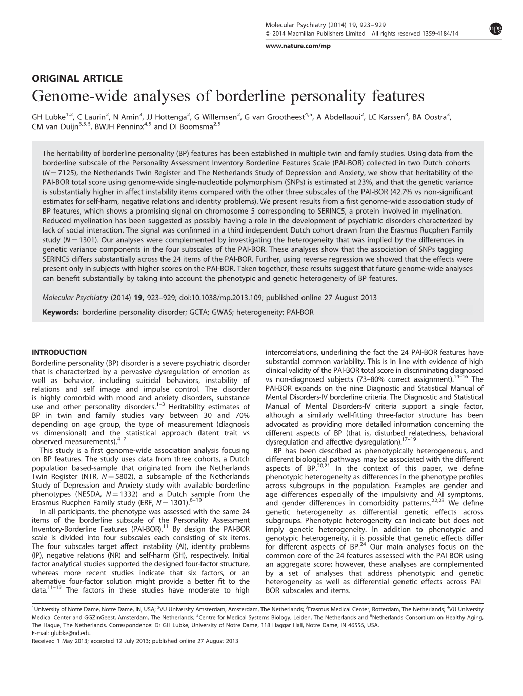 Genome-Wide Analyses of Borderline Personality Features