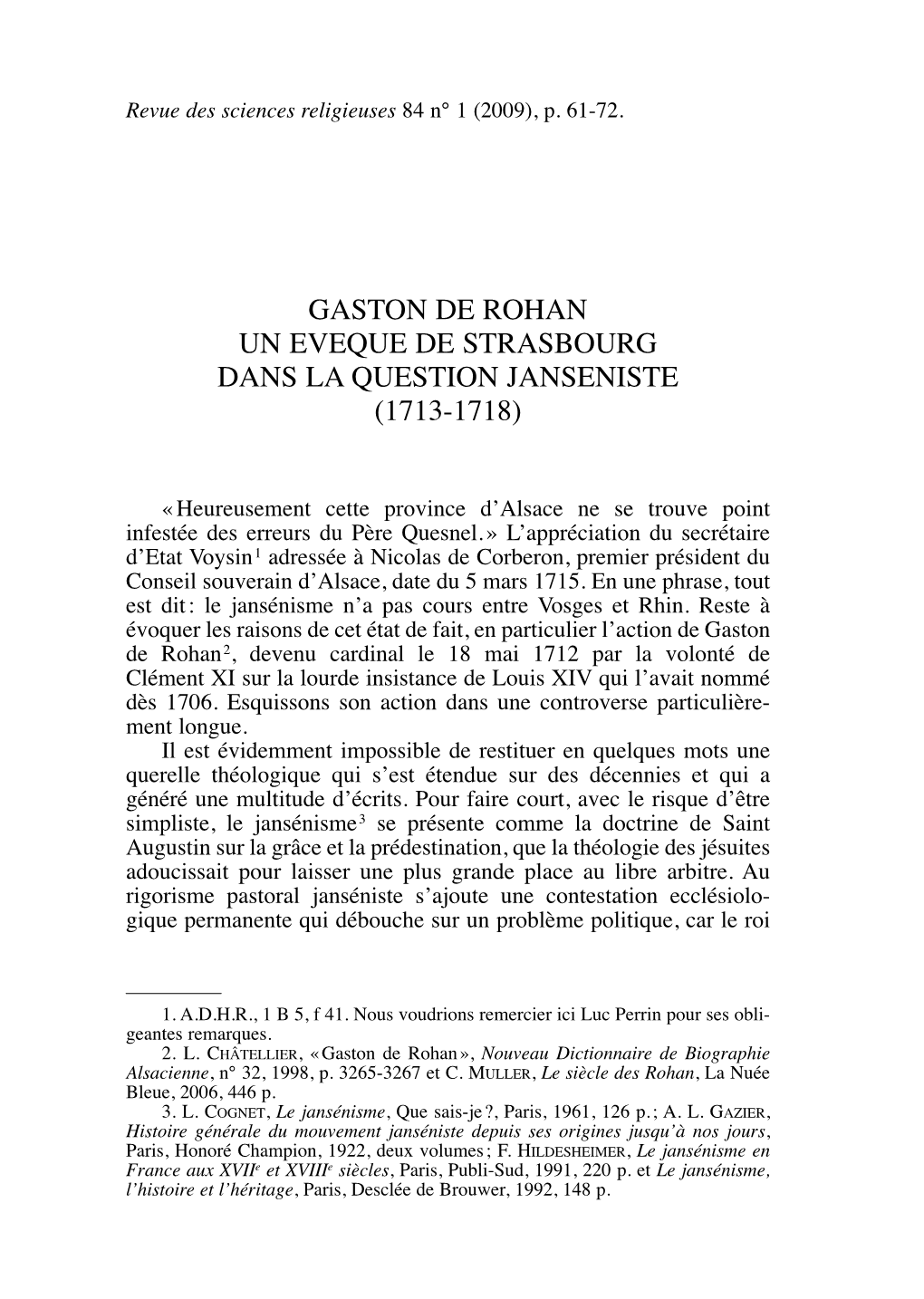 Gaston De Rohan Un Eveque De Strasbourg Dans La Question Janseniste (1713-1718)