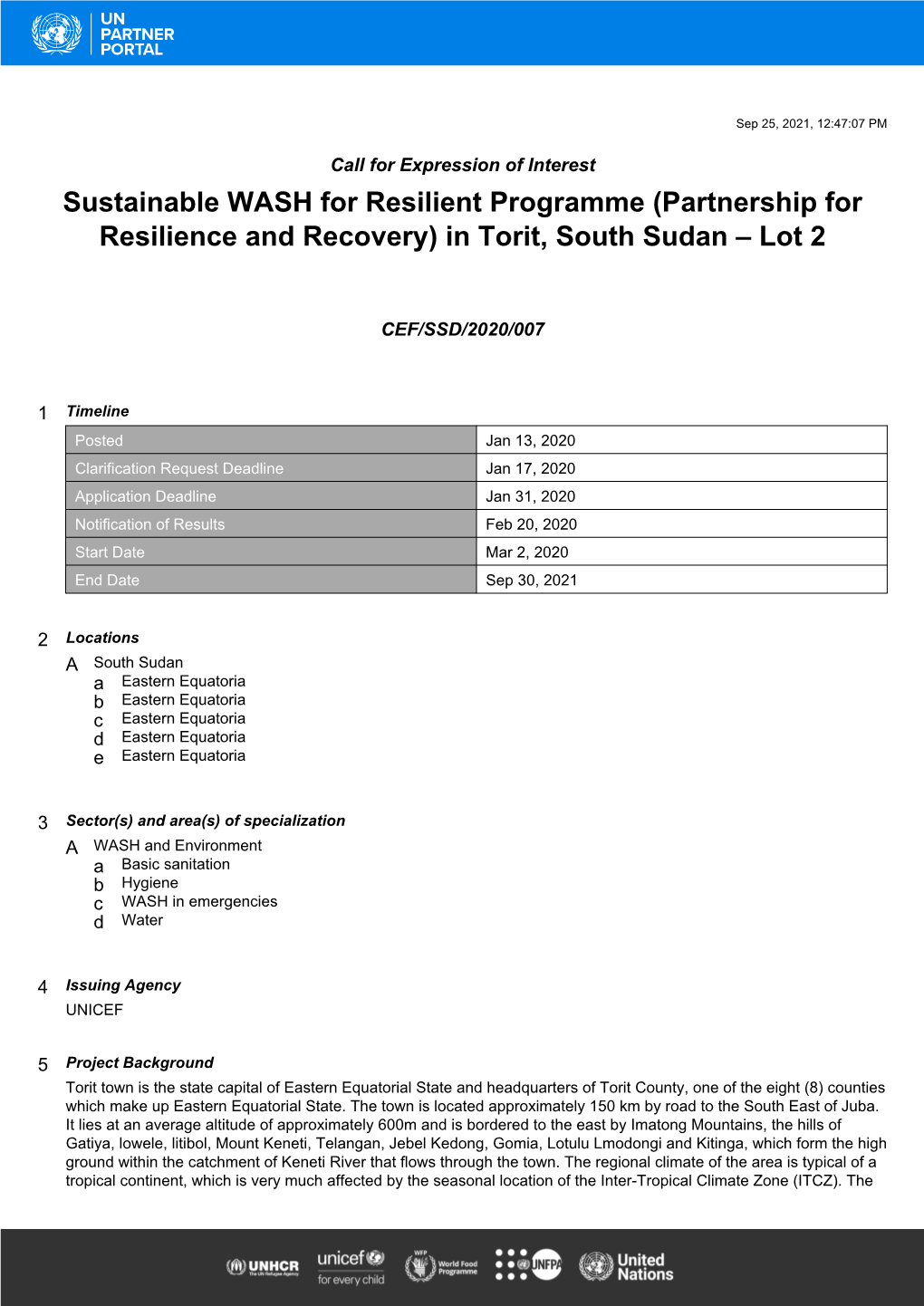 (Partnership for Resilience and Recovery) in Torit, South Sudan – Lot 2