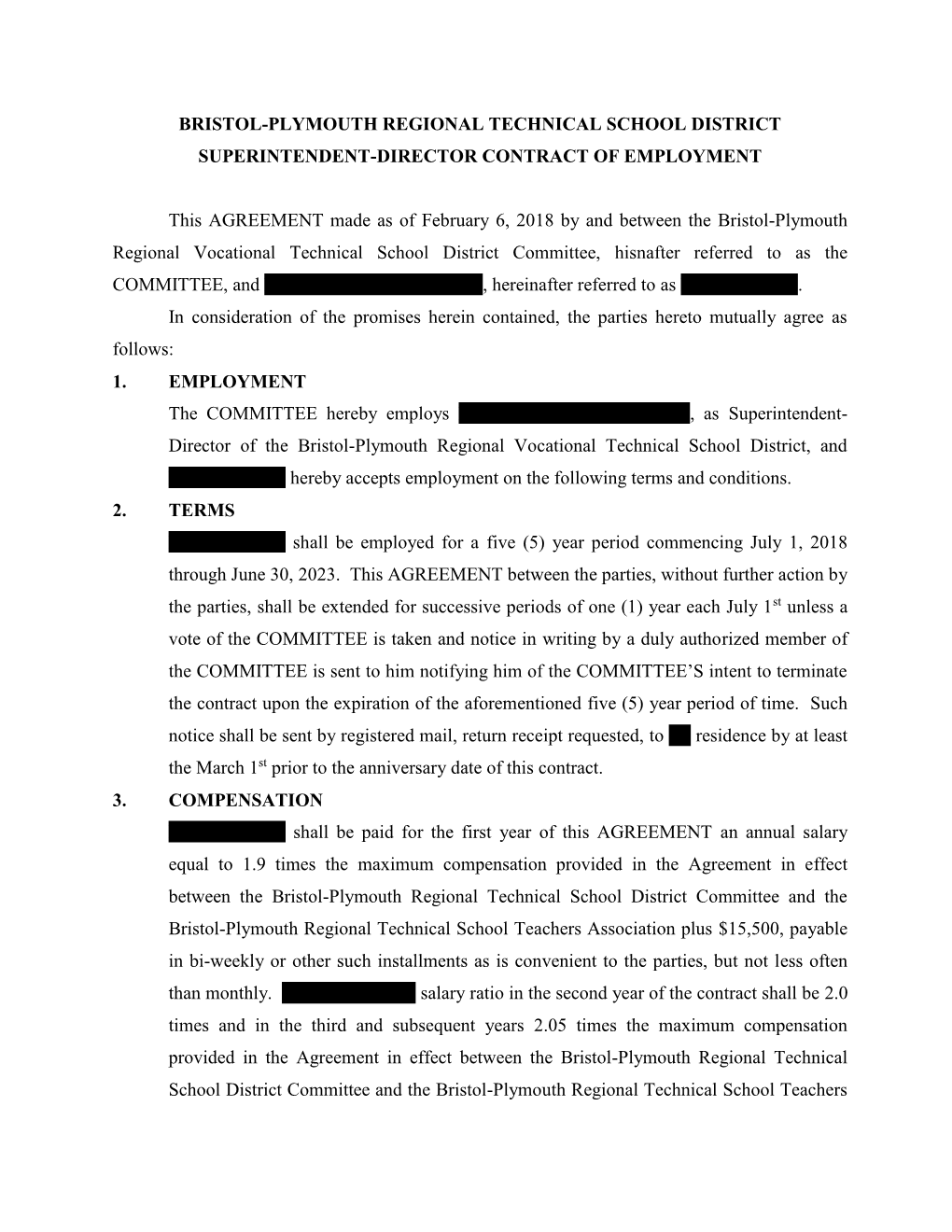 Bristol-Plymouth Regional Technical School District Superintendent-Director Contract of Employment