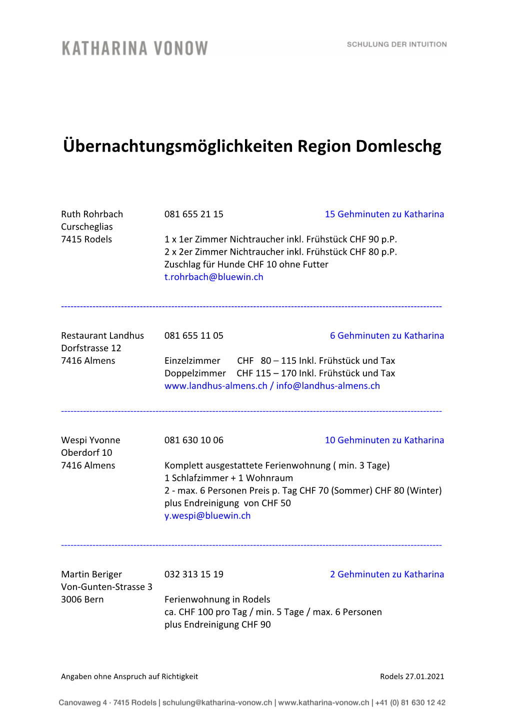 Übernachtungsmöglichkeiten Region Domleschg