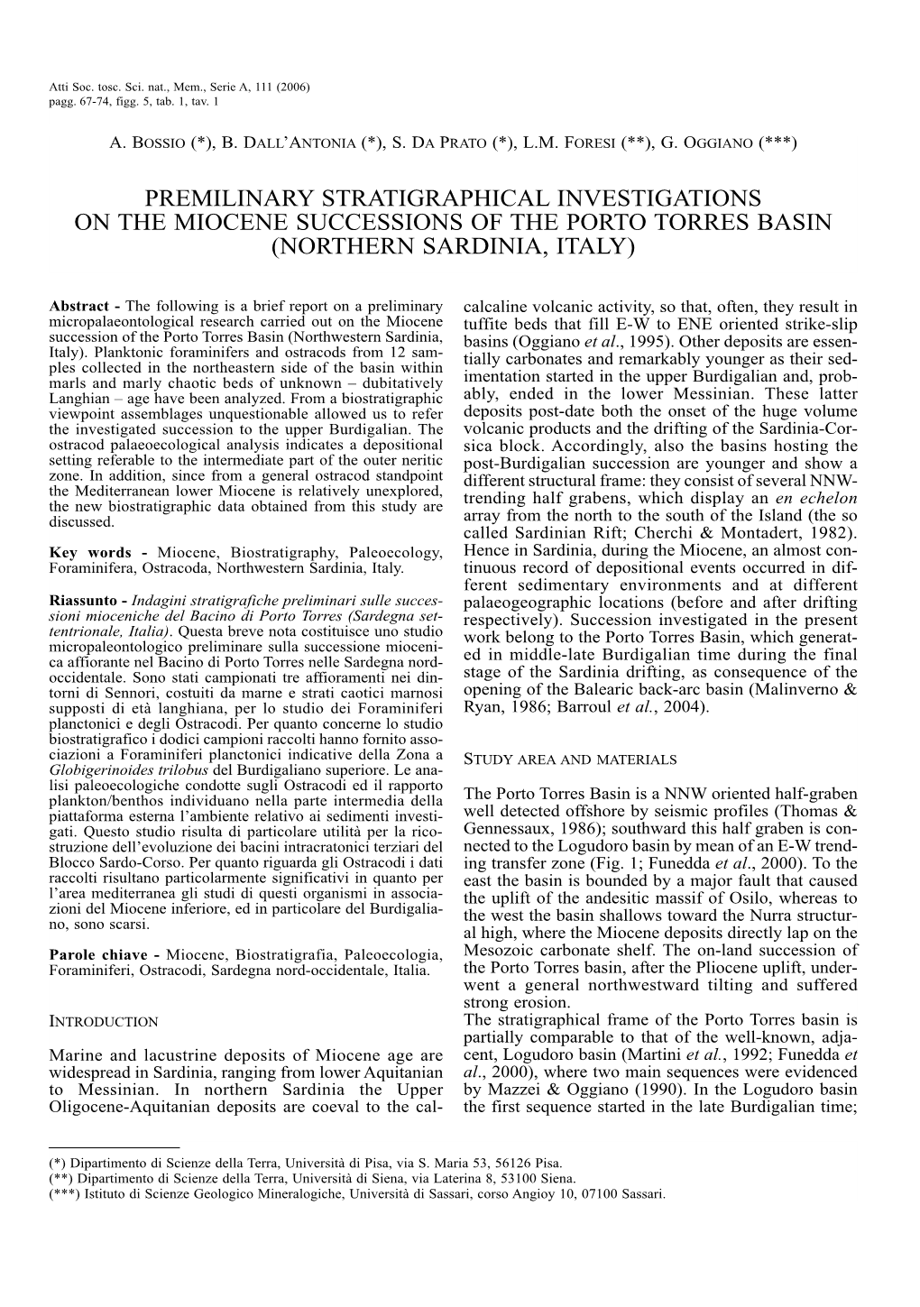 Premilinary Stratigraphical Investigations on the Miocene Successions of the Porto Torres Basin (Northern Sardinia, Italy)
