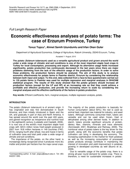 Economic Effectiveness Analyses of Potato Farms: the Case of Erzurum Province, Turkey