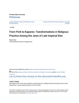 Transformations in Religious Practice Among the Jews of Late Imperial Kiev
