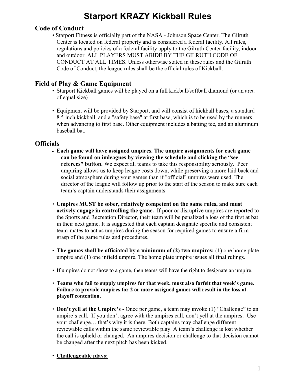 Starport KRAZY Kickball Rules Code of Conduct • Starport Fitness Is Officially Part of the NASA - Johnson Space Center