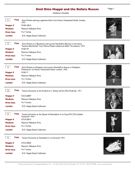 Emil Otto Hoppé and the Ballets Russes Page 1 Exhibition Checklist