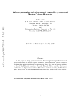Volume Preserving Multidimensional Integrable Systems and Nambu