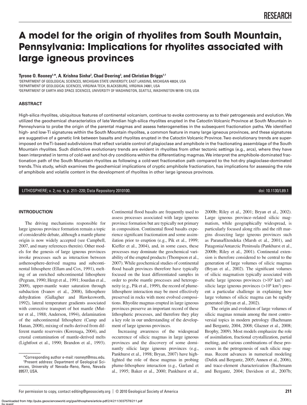 A Model for the Origin of Rhyolites from South Mountain, Pennsylvania: Implications for Rhyolites Associated with Large Igneous Provinces