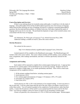 Philosophy 408: the Language Revolution Hamilton College Spring 2009 Russell Marcus Tuesdays and Thursdays, 2:30Pm - 3:45Pm Rmarcus1@Hamilton.Edu Cooper 207