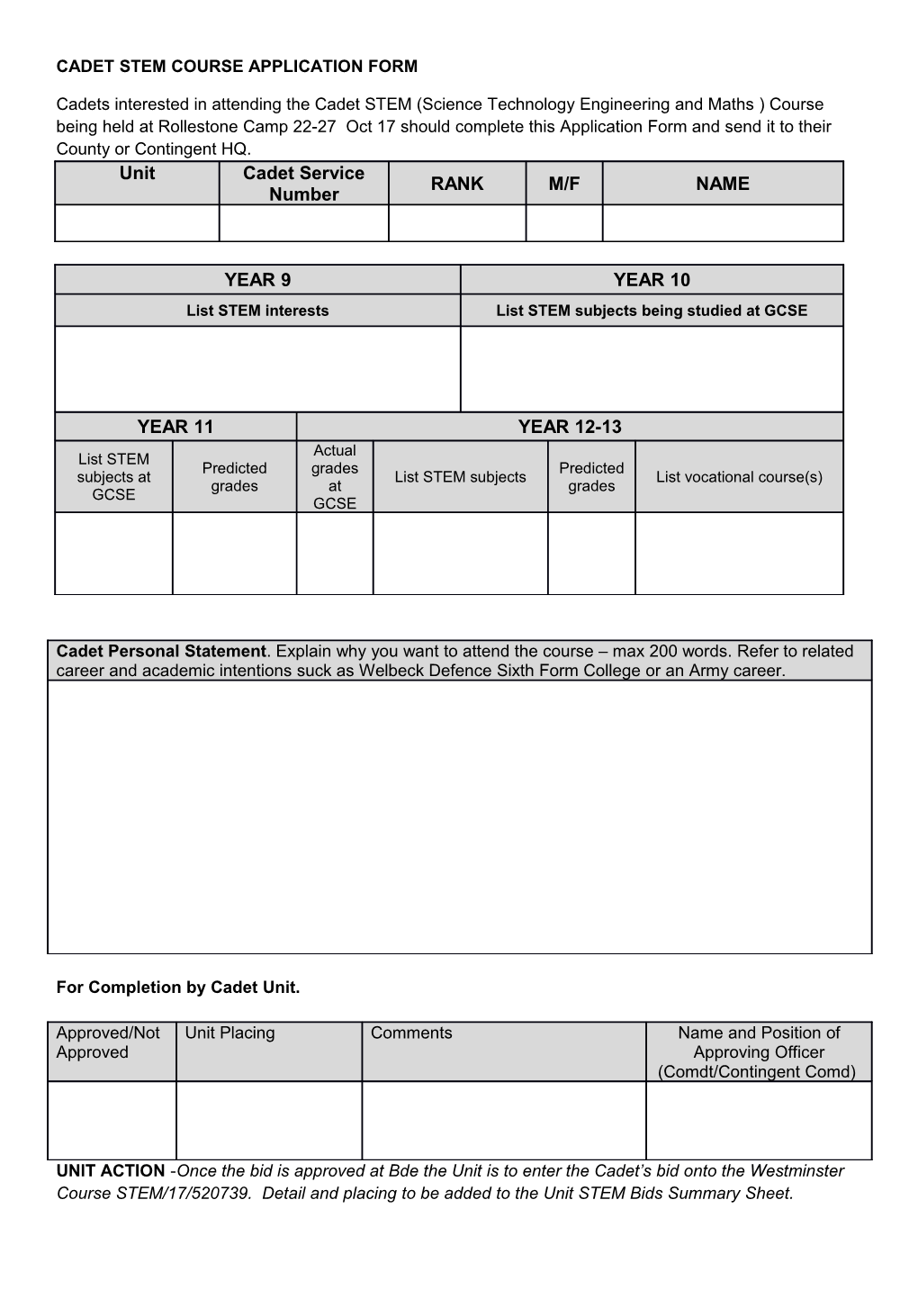 Cadet Stem Course Application Form