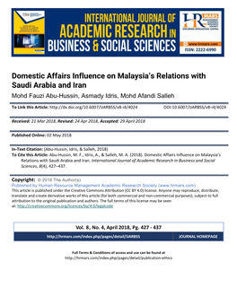 Domestic Affairs Influence on Malaysia's Relations with Saudi Arabia and Iran