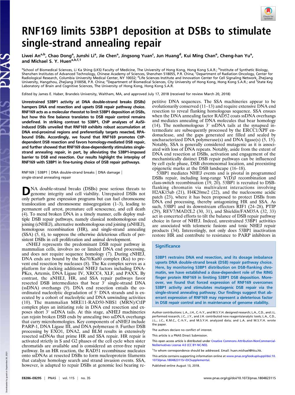 RNF169 Limits 53BP1 Deposition at Dsbs to Stimulate Single-Strand Annealing Repair