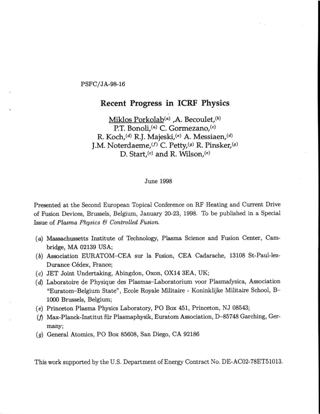 Recent Progress in ICRF Physics