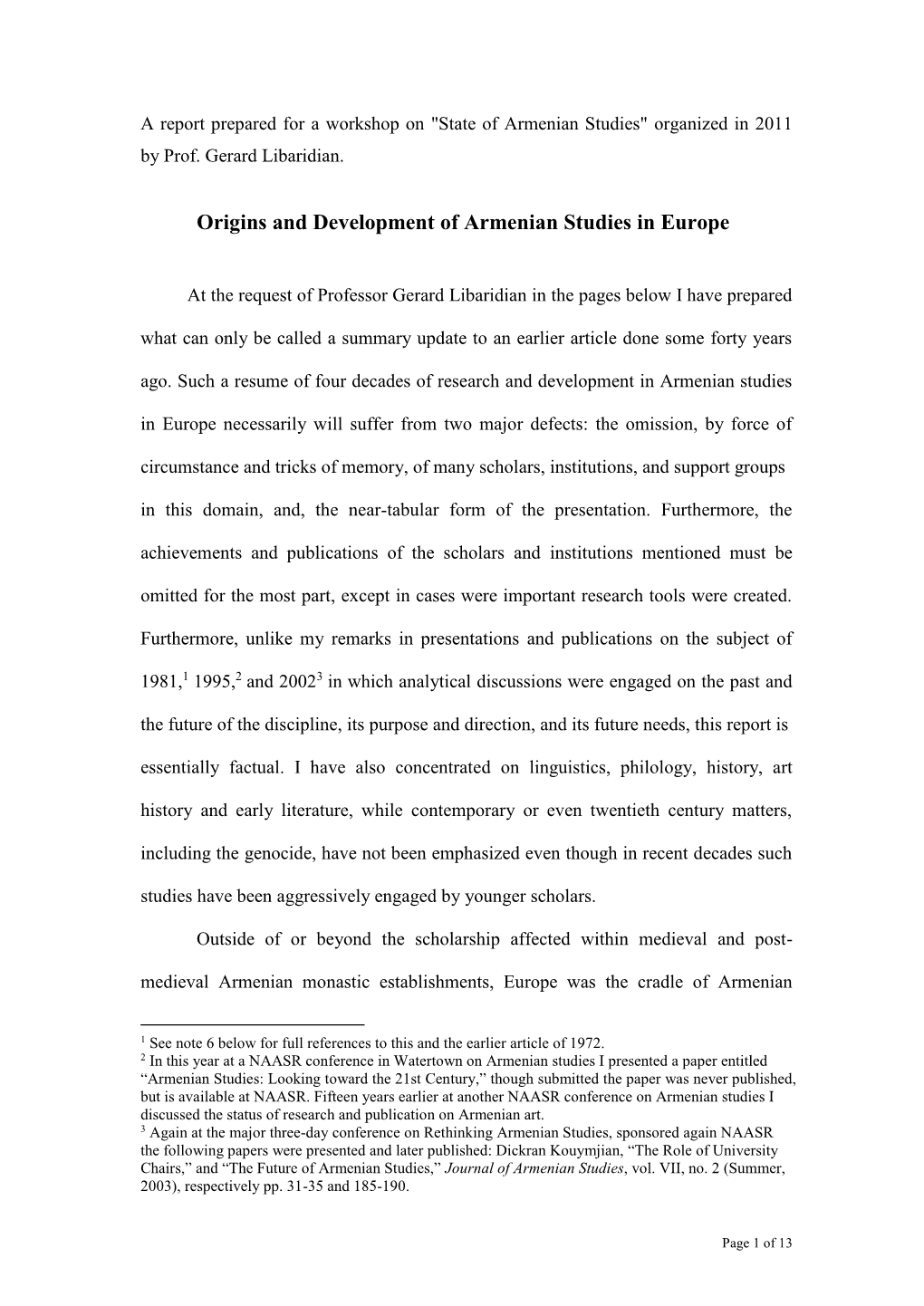 Origins and Development of Armenian Studies in Europe