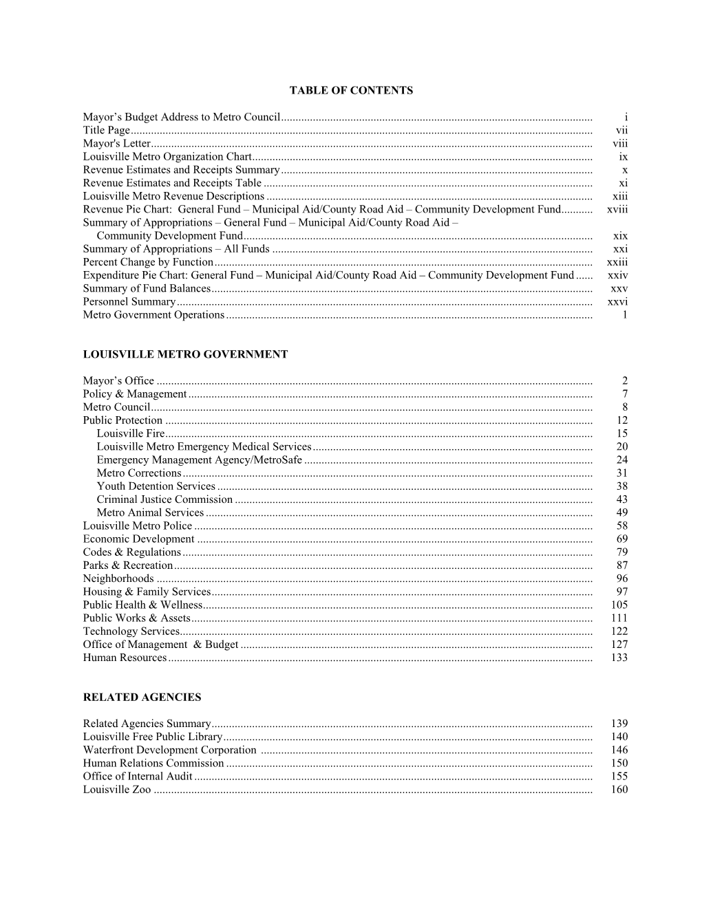 TABLE of CONTENTS Mayor's Budget Address to Metro Council