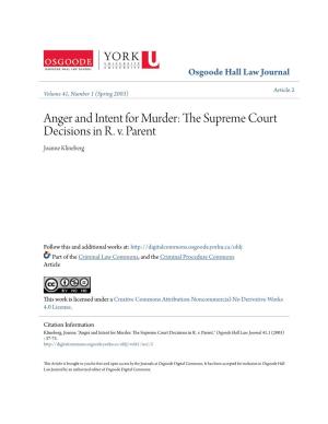 Anger and Intent for Murder: the Supreme Court Decisions in R. V