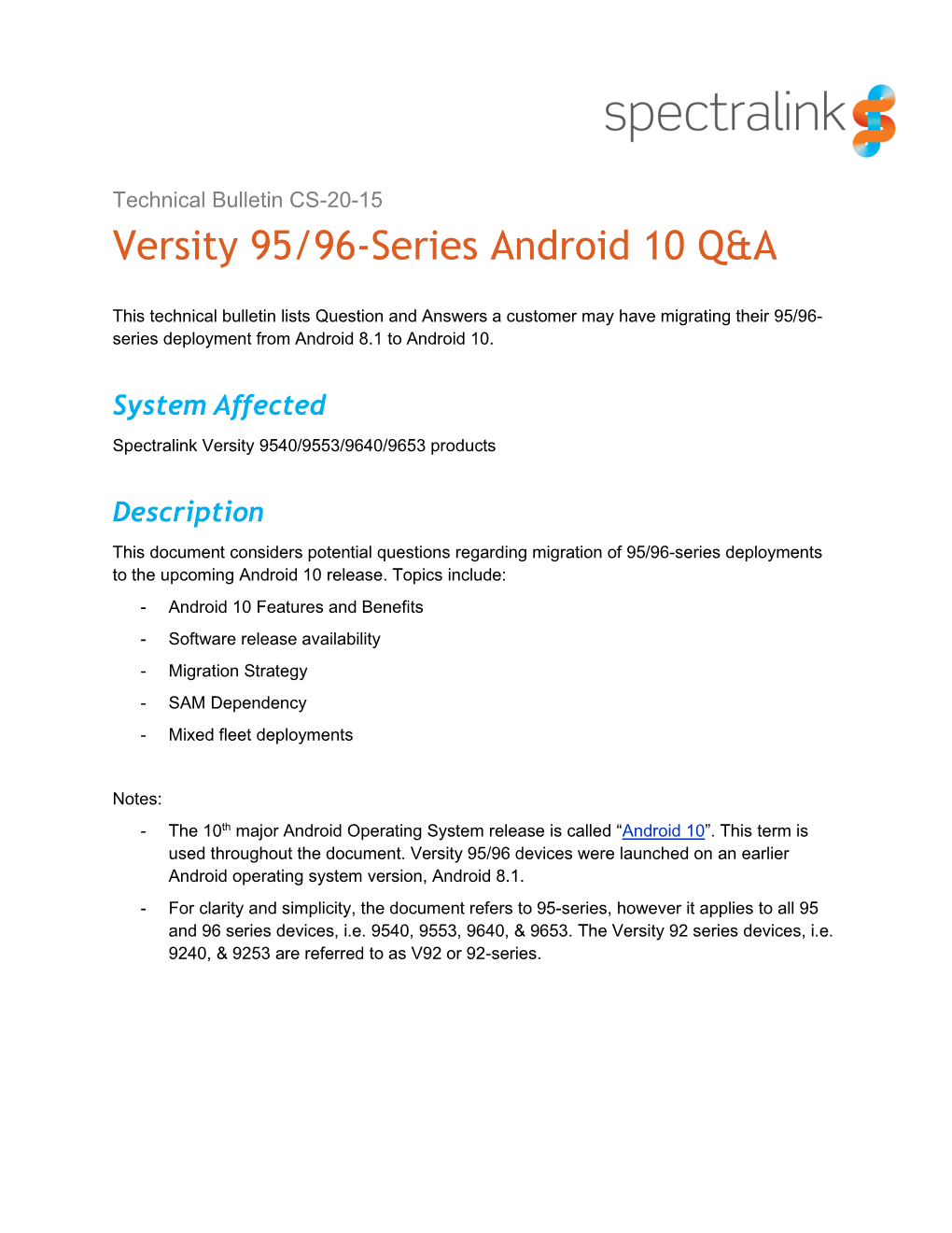 CS-20-15 Versity 95 & 96-Series Android 10 Q&A