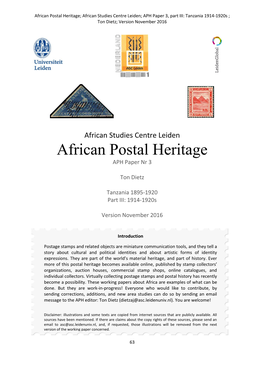 African Postal Heritage; African Studies Centre Leiden; APH Paper 3, Part III: Tanzania 1914-1920S ; Ton Dietz; Version November 2016