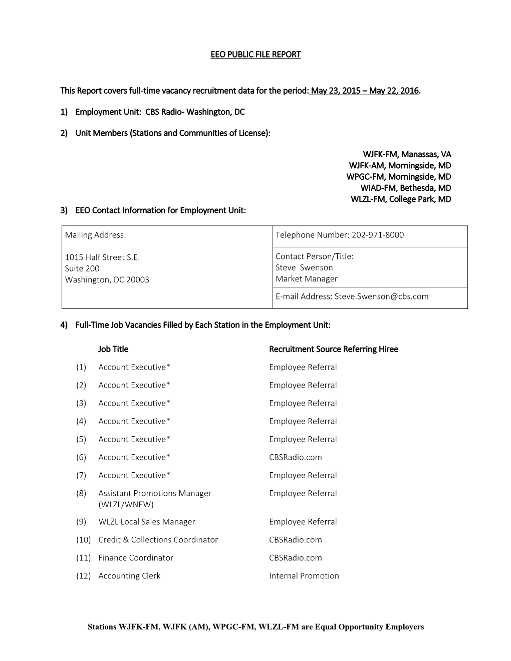 EEO PUBLIC FILE REPORT This Report Covers Full‐Time