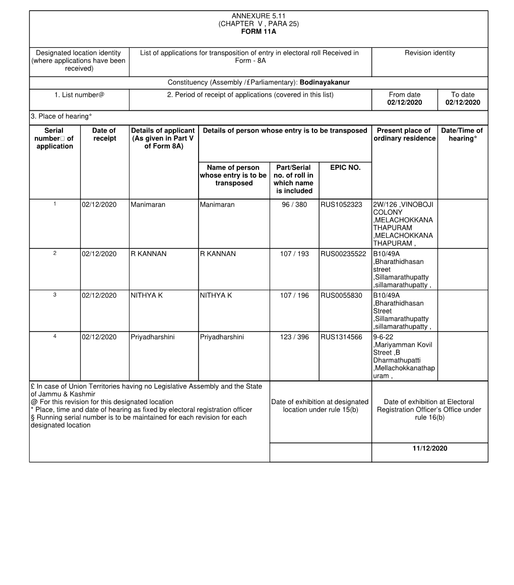 (CHAPTER V , PARA 25) FORM 11A Designated Location Identity