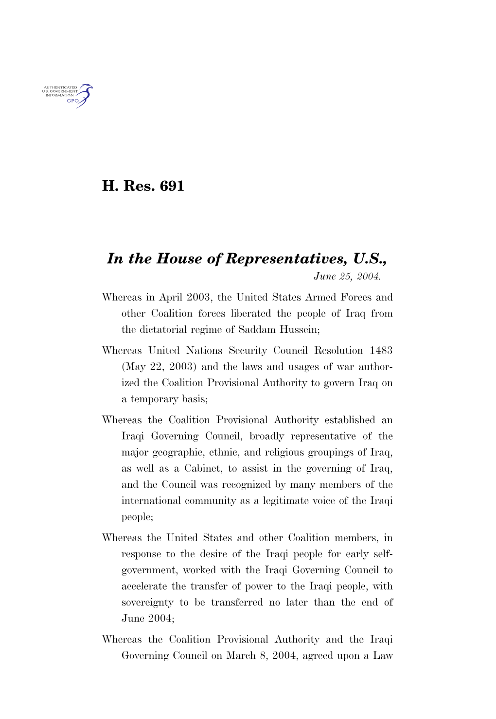 H. Res. 691 in the House of Representatives, U.S