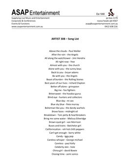 ARTIST 308 – Song List